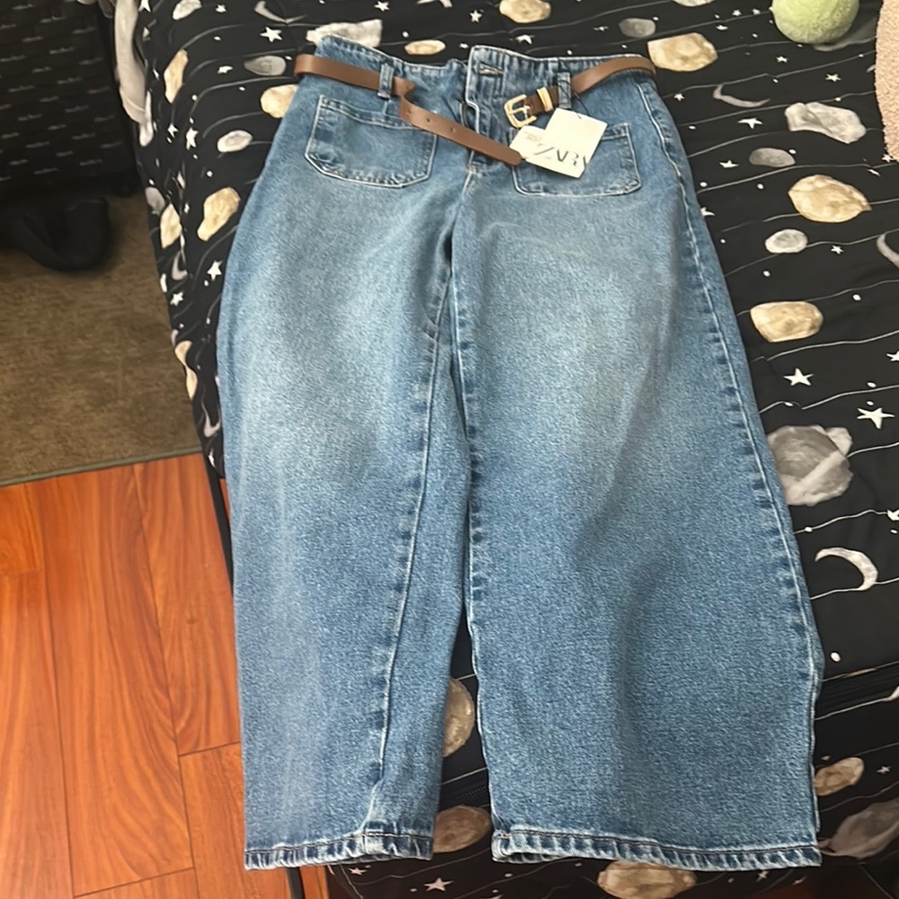 Zara Blue Flare Jeans with Brown Belt